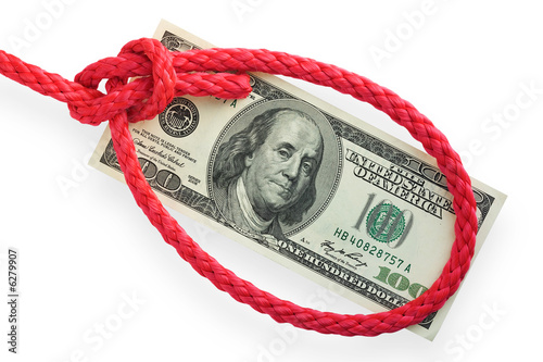 The red cord with bowline knot (loop) on a banknote. 