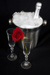 Champagne in a champagne cooler before black background