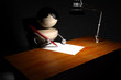 abstract boy write letter in night, black background