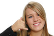 Beautiful teen girl close up with phone gesture on white