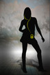Women with mp3 player on horizon grid