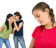 two young girls laughing behind another girls back two young girls laughing behind another girls back