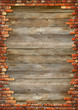 Wooden boards background texture with brick wall framing Wooden boards background texture with brick wall framing