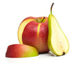 Juicy green pear and ripe red apple. Isolated, shallow DOF.