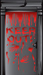 creepy door with bloody hands and keep out