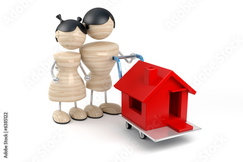 Illustration: abstract young family buys house, white background abstract young family buys house, white background