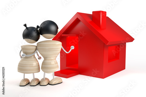 Illustration: abstract young family buys house, white background abstract young family buys house, white background