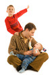 Happy father with his sons isolated on white background