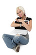 Beautiful blond girl hagging her laptop computer