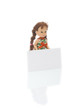 A little doll with white blank card isolated on white background