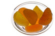 Orange and lemon jellies in glass bowl back lighted (1)