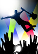 Music star jumping with the guitar in a concert