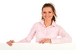 Beautiful young woman holding blank poster