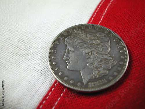 Photo: Coin-1888 US Dollar on Flag Stripes Coin-1888 US Dollar on Flag Stripes