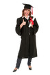 Woman in graduation robes holding a diploma