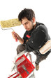 house painter thinking with paint roller on white background
