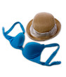 summer straw hat and blue bikini bra