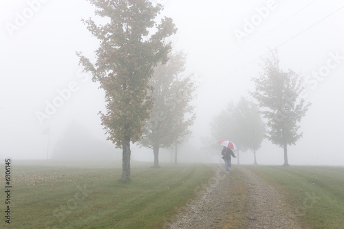 Photo: Person with an umbrella on pathway amid grassland. Person with an umbrella on pathway amid grassland.
