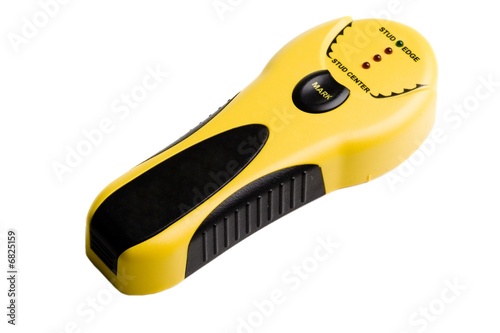 Photo: Yellow and Black stud finder on a white background Yellow and Black stud finder on a white background