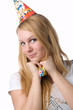 A smiling blonde in a cap isolated on a white background. A smiling blonde in a cap isolated on a white background.