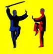 two fighters are exercising, isolated on yellow