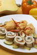 Food,filled meat rolls with pumpkin ,mashed potatoes