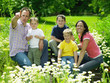 Family on bench in field