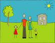 famille dans jardin devant maison