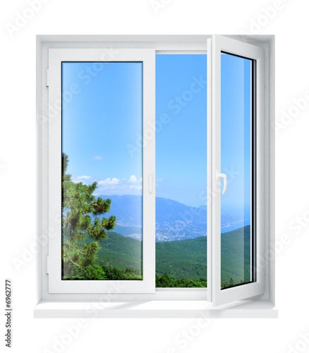 Photo: new opened plastic glass window frame isolated new opened plastic glass window frame isolated