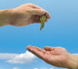 hands and keys on sky