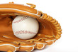 Baseball catcher mitt with ball on white background