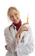 Physician or vet holding needle syringe and smiling