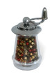 Stainless steel mill with colored pepper isolated on white backg
