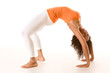 Tanned female in sport clothes performing bridge exercise