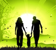 Happy family walks on nature, sunset