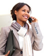 Young beautiful business woman holding folder while using phone
