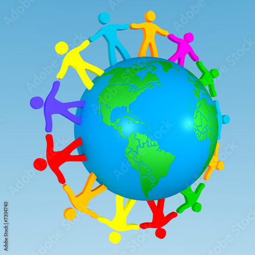 people holding hands around the world isolated on white. people holding hands around the world isolated on white.