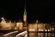Fraumuenster and Limmat river in Zurich night