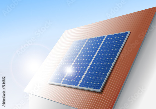 Solarzellen auf Dach mit Sonne und Lichtreflex
