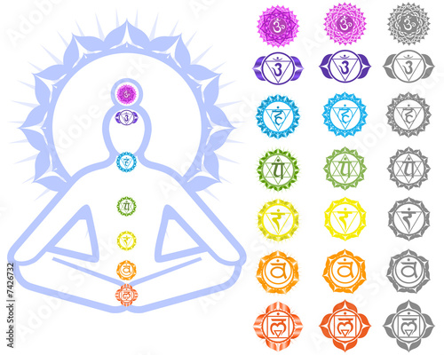 Illustration: Seven Chakras and spirituality symbols Seven Chakras and spirituality symbols