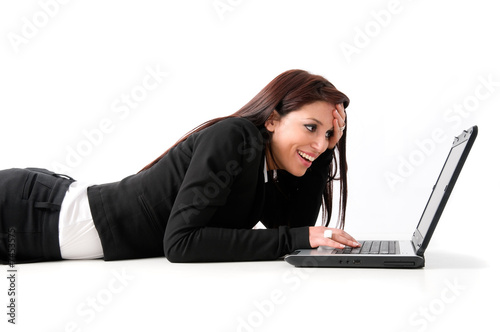 Elegant business woman drawn on the ground with laptop