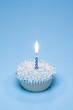 A blue cupcake with white sprinkles and a candle