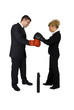 Businesswoman and businessman boxes around the suitcase.