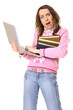 girl with laptop and pile of books in panic