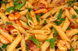 Chili shrimps with vine, pasta, bacon, garlic and  spices