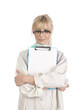 Blond nurse with blue notepad