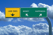 Freeway sign in blue cloudy skies reading Money and Happiness Freeway sign in blue cloudy skies reading Money and Happiness