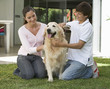 A brother and sister with their dog in the garden