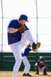 Young men playing baseball, focus on pitcher about to throw ball in foreground, rear view