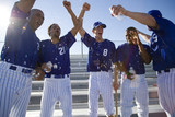 Photo: Baseball team, in blue uniform, punching air in victory post match, cheering (lens flare) Baseball team, in blue uniform, punching air in victory post match, cheering (lens flare)